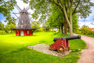 Windmill at Copenhagen Kastellet promenade view