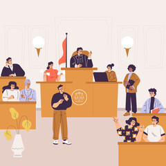 Litigation with People Characters in Courtroom with Judge Engaged in Settlement Vector Illustration