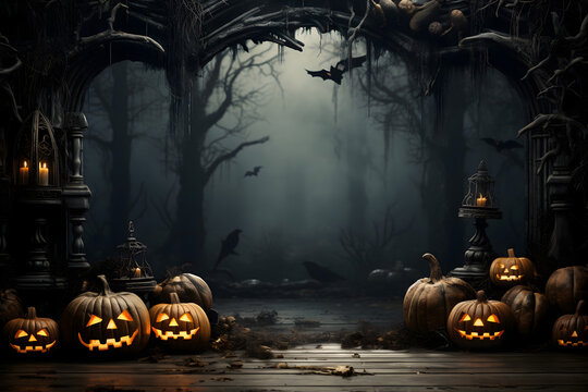 scary spooky halloween season, monster skull and crossbones halloween witch with pumpkin, halloween and October background	