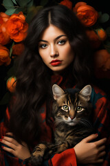 Woman holding cat in her arms with orange flowers in the background.