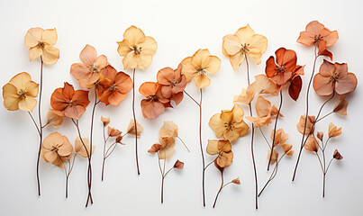 Pressed and dried flower hydrangea on white background.