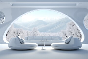 Futuristic room interior with white furniture and panoramic oval glazing against a mountainous landscape.
