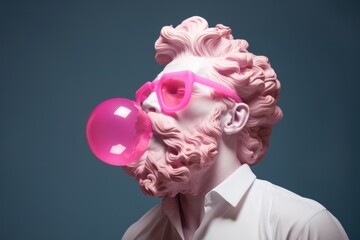 Greek sculpture of Zeus wearing pink glasses with an inflated pink bubble gum bubble.