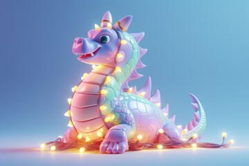 Festive New Year dragon with light garland on blue pastel background