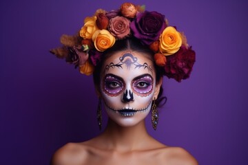 Naklejka premium Portrait of pretty brunette with festive day of the dead makeup and flowers on her head on purple background.