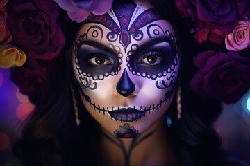 Portrait of a pretty brunette with festive day of the dead makeup and flowers on her head, close-up.