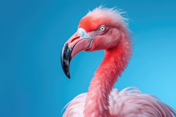 Portrait of a pink flamingo in profile on a blue background.