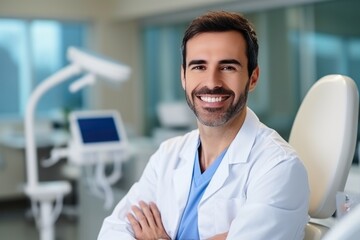 Male portrait of a smiling dentist against the background of a dental office.