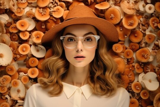 Blonde girl with brown hat and glasses lying against a background of brown mushrooms.
