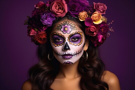 Portrait of pretty brunette with holiday makeup day of the dead and flowers on her head on purple background.