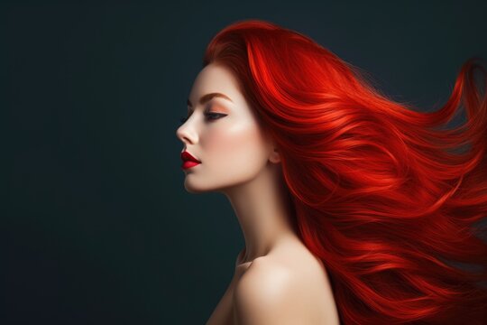 Portrait of a red-haired girl in profile with long waving hair on a dark background.