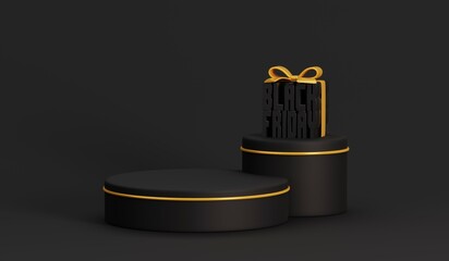 Black cylinder pedestal podium set and Black Friday sign in gift box wrapped with gold ribbon on black background. 3d Render illustration