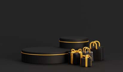 Black cylinder pedestal podium set with gift boxes and black shopping paper bag on black background. 3d Render illustration.