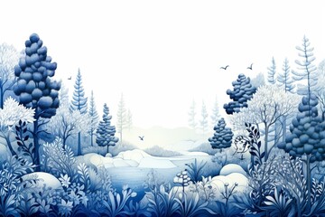 Intricate forest scene with blue sketch-style design on white background, ideal for large prints. Generative AI