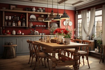 Fototapeta na wymiar Design of a cozy dining room with a traditional and vintage style. Generative AI