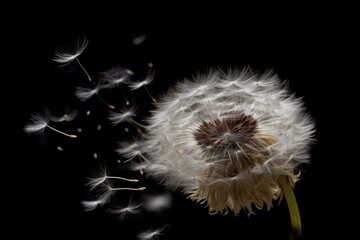 A dandelion dispersing in the breeze with numerous seeds on its head and floating in the air, against a dark background. Generative AI