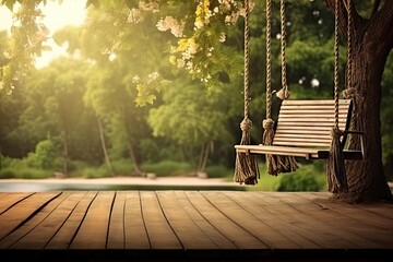 Old wooden terrace with wicker swing hang