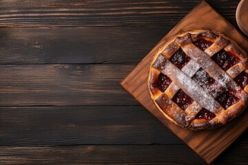 Fototapeta premium Overhead view of delicious jam pie on brown
