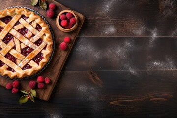 Overhead view of delicious jam pie on brown - obrazy, fototapety, plakaty