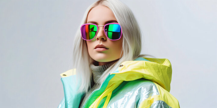 Fashion Girl With A Green Glowing Neon Puffer Jacket And Modern Glasses On A Clean Background