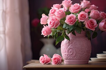 Pink rose vase on the table