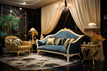 Opulent lounge with cozy couch, elegant drapes, marble flooring, and decorative display space. Generative AI