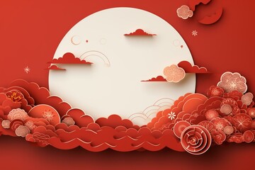 Asian lunar new year template with red design, circle frame, clouds, 3D patterned background and space. Generative AI