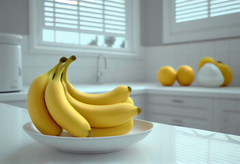  Fresh yellow bananas in a white plate on the white kitchen table.