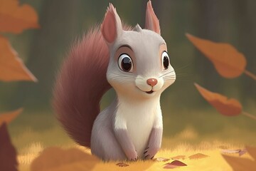A charming baby squirrel illustrated in a child-friendly, whimsical cartoon style. Generative AI