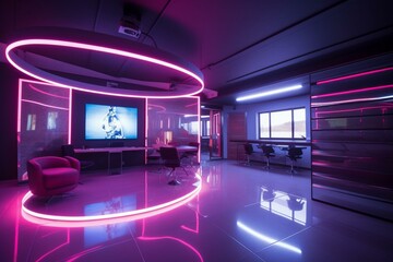 Spacious contemporary studio for game shows, lit by vibrant neon lights amidst a misty atmosphere. Generative AI - obrazy, fototapety, plakaty