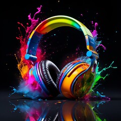 Headphone With Colors On Dark Background, color splash