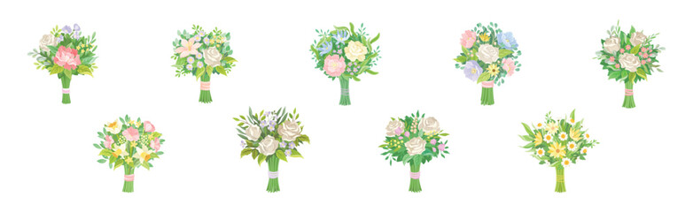 Flower Bouquet and Bunch with Green Leafy Branches Vector Set