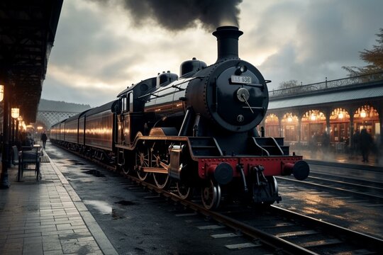 Classic steam train parked at station. Lovely nostalgic ambiance. Generative AI