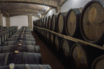 Wine or cognac barrels in the cellar of the winery, Wooden wine barrels in perspective. wine...