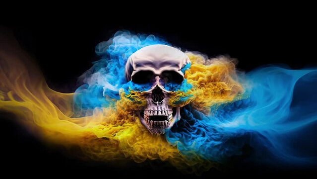 Explosions of yellow and blue smoke coming out of the skull. 4k quality looping video