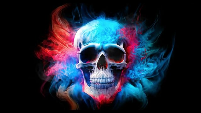 Skull head with abstract colored smoke explosion. 4k quality looping video