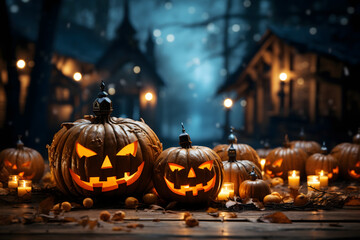 Obraz premium scary spooky halloween season, monster skull and crossbones halloween witch with pumpkin, halloween and October background 