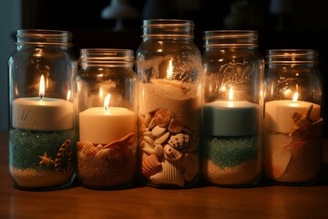 Decorative candles in jars with sand and shells. Perfect accessories for a beach-themed home. Generative AI