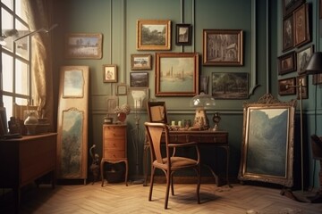 Artistic room with vintage furniture, poster frame, book, decor, and painting supplies. Unique. Generative AI - obrazy, fototapety, plakaty