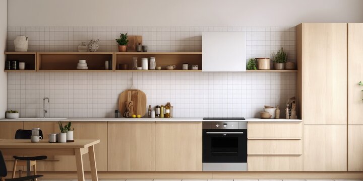 Interior design of a modern Japanese minimalist kitchen front view.