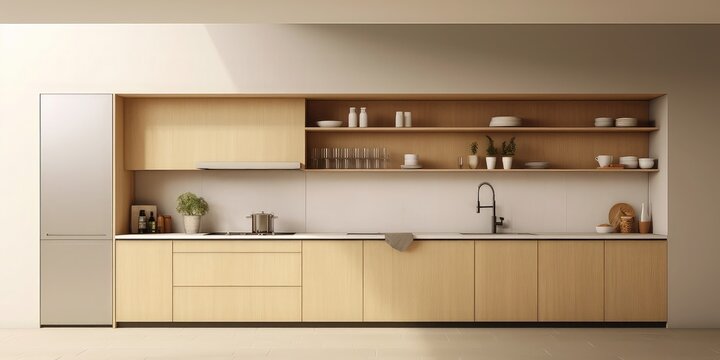 Interior design of a modern Japanese minimalist kitchen front view.