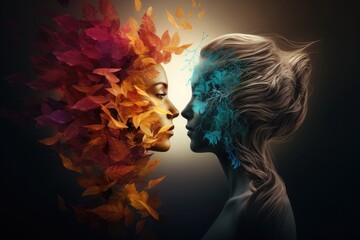 Two women with colorful hair and leaves in love