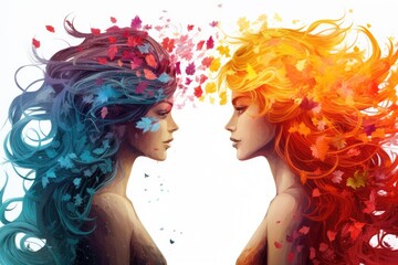 Two women with colorful hair and leaves in love