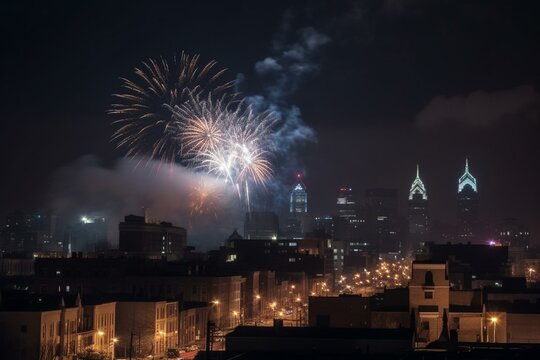 Skyline with fireworks in Pennsylvania, USA on January 1, 2021. Generative AI