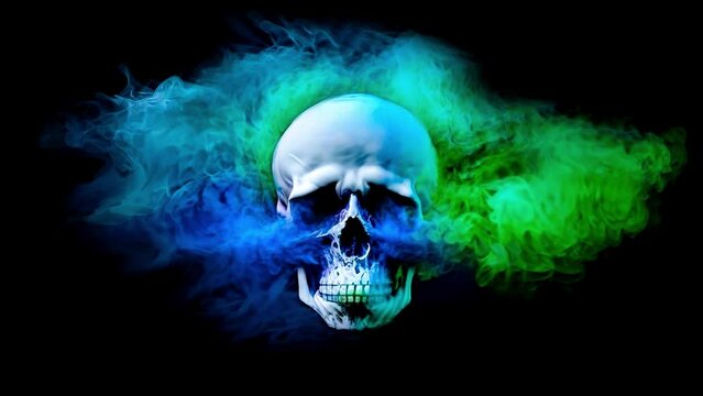 Skull head with green and blue smoke explosion. 4k quality looping video