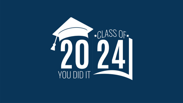 Class of 2024. White number, education academic cap and open book on blue background. Template for graduation design frame, high school, college congratulation graduate, yearbook. Vector illustration.