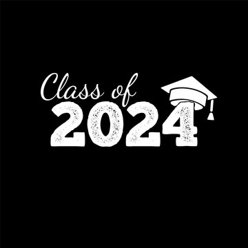 Class of 2024. White number with education academic cap on black background. Vector illustration.