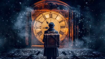 time traveler in front of a portal to travel in time - time travel concept - obrazy, fototapety, plakaty