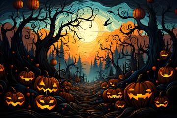 scary spooky halloween season, monster skull and crossbones halloween witch with pumpkin, halloween and October background	