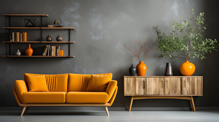 Elegant orange sofa against grey stucco wall and cabinet. Scandinavian style home interior design of modern living room - obrazy, fototapety, plakaty